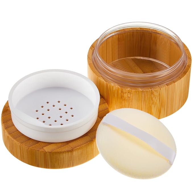 Frienda 50 ml Bamboo Loose Powder Puff and Container Empty Dusting Powder Jar for Body Face Makeup Travel Box Compact Case Holder with Sifter Lids and Puff