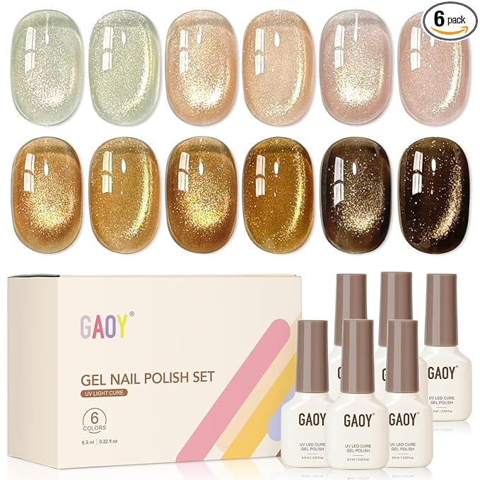 GAOY Cat Eye Gel Nail Polish Set with Magnet for Sparkling Maillard Effect, Caramel Amber Glitter Nail Art, Long Lasting Gel for Home & Salon Manicure