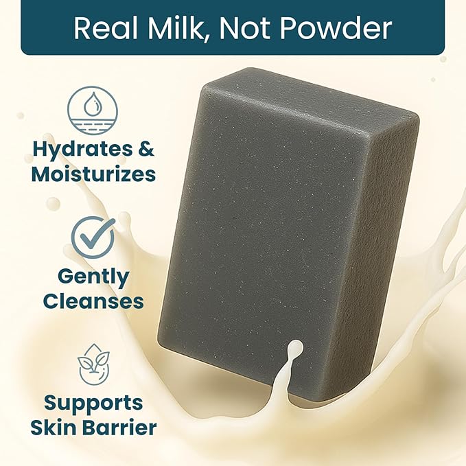 Activated Charcoal Soap Bar - Goat Milk Soap for Men, Women & Kids - Natural, Handmade w/Real Milk - Dry, Sensitive Skin, Hands/Body - Premium, Gentle, No Dyes - (1, Large, 5oz)