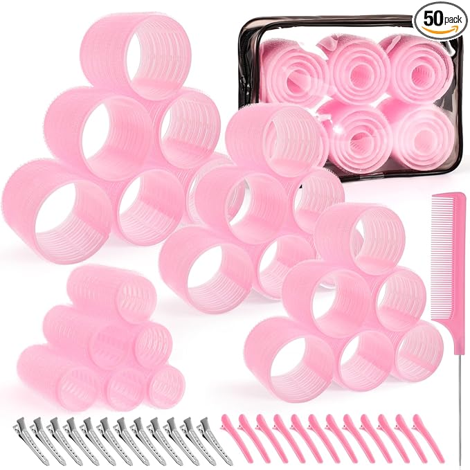 4 Sizes Self-Grip Hair Rollers Set for Long, Short Hair and Bangs - 50 Pcs with Clips (25mm, 36mm, 48mm, 60mm), Pink
