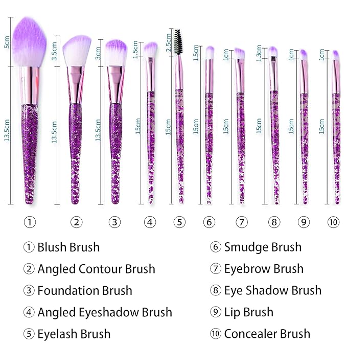 Makeup Brush Set 10 PCS Stylish Glitter Handle Makeup Brushes Professional Face Powder Foundation Blending Blush Eye Shadow Eyeliner Lip Cosmetic Brushes With Transparent bag(Purple)
