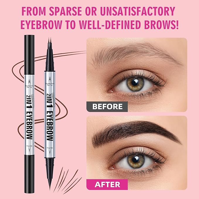 2 Pack Hair Like Eyebrow Pen Set, Long-Lasting Microblading Eye Brow Pencil for Natural Brows, 2-IN-1 Beginners & Daily Use Eyebrow Pencils for Women, Waterproof & Smudge-Proof Brow Tint