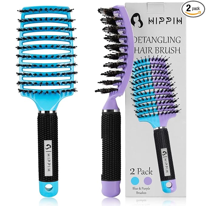HIPPIH 2 Pack Boar Bristle Hair Brush, Wet & Dry No Pull Curved Vented Hair Brush, Styling Magical Brush Detangler for Kids & Men, Hairbrush for Women Can Adds Shine & Smooth Curly Thick Hair