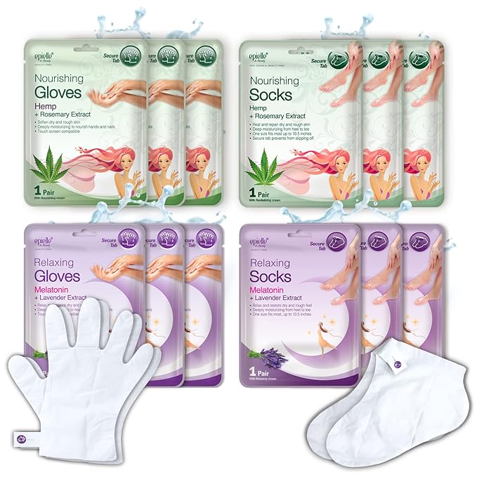 Epielle Relaxing & Nourishing Hand & Foot Masks, Soften Dry, Overworked Skin, Self Care Gifts for Women, Spa Kit, Mothers Day Gifts, 6 Moisturizing Gloves & 6 Moisturizing Socks