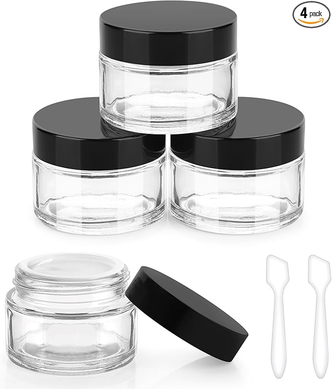 Accmor 1 OZ Glass Jars with Black Lids, 4 Pack Small Empty Cosmetic Containers Round Glass Travel Jars with Inner Liners & Spatulas, Makeup Sample Container for Storing Lotions, Cream, Ointments
