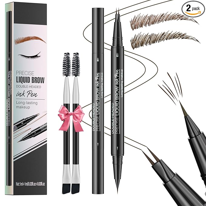 NinjaTiger Eyebrow Pencil Brow Pen - 2-Pack 2-IN-1 Dual-Ended Eye Brow Pencils 2-Fork-Tip Microblading Eyebrow Pen for Women Waterproof Eyebrow Pen with Brow Brushes Dark Brown ＆ Black Brown