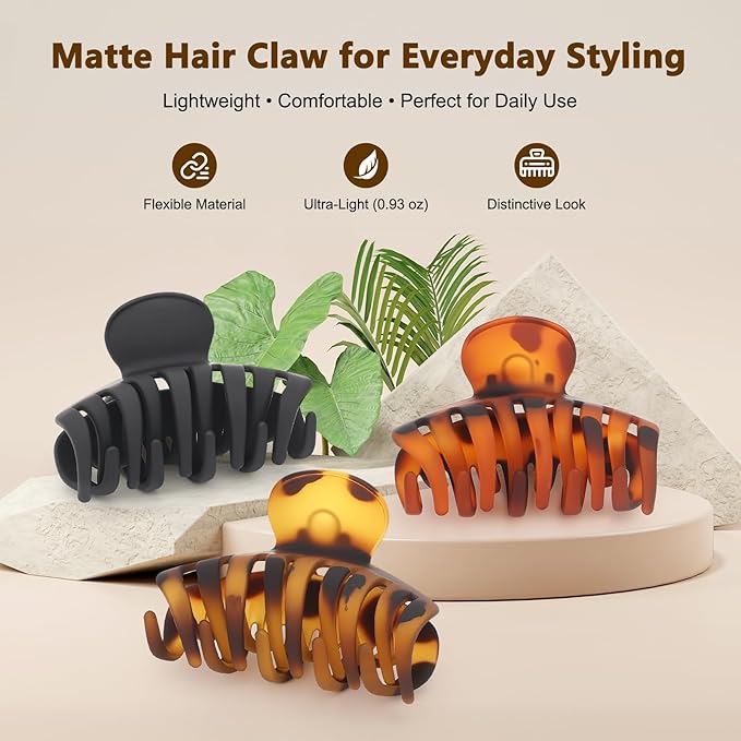 Medium 3.3 Inch Matte Claw Hair Clips for Women and Teens, Hair Claw Clip with Strong Hold for Everyday Styling, Elegant Hair Accessory for All Hair Types, Black and Tortoiseshell, 3 Pack