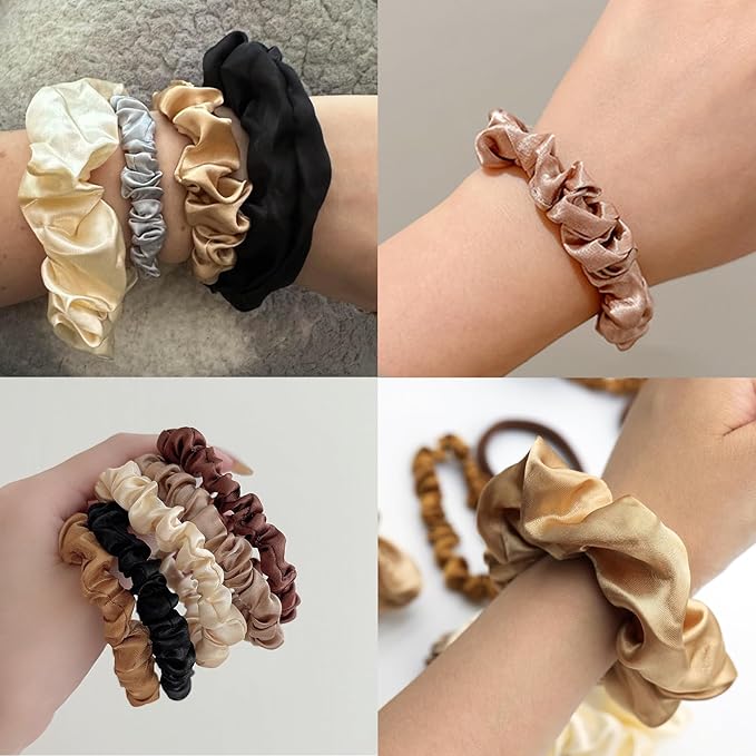 24Pcs 4 Sizes Satin Hair Scrunchies for Women Teens Girls Kids, No Damage Big & Small Soft Hair Ties Bands for Thick/Thin/Curly Hair Ponytail Holder Accessories Wrist Decor, 6 Neutral Colors,BlueZOO