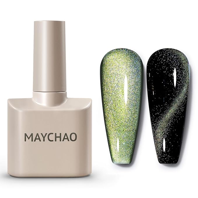 MAYCHAO 15ML Cat Eye Gel Nail Polish 1Pc Rainbow Green Gel Polish with Magnet Soak off Holographic Magnetic Nail Polish for Nail Art Manicure Salon DIY at Home, 0.5 OZ