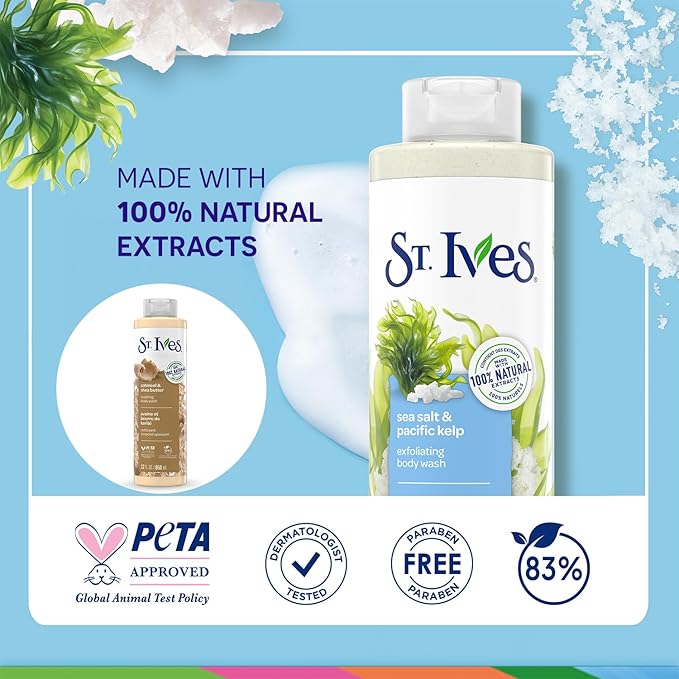 St. Ives Body Wash Variety 2-Pack, Soothing Oatmeal & Shea Butter + Exfoliating Sea Salt & Pacific Kelp, 100% Natural Extracts, Cruelty-Free, 22 Oz Ea