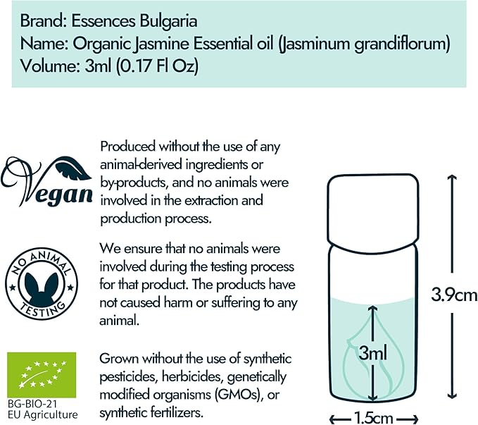 Essences Bulgaria Jasmine Essential Oil 3ml (0.1 Fl Oz) | Jasminum grandiflorum | 100% Pure, Natural, Undiluted | Aromatherapy, Cosmetics | Vegan, Non-GMO, Cruelty-Free