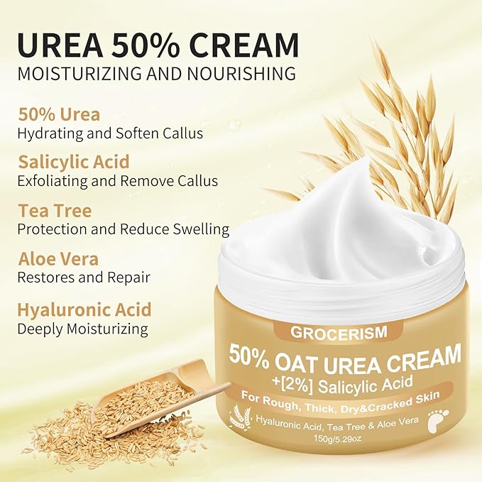 Urea Cream 50 Percent for Feet 10.58 oz with Oat and 2% Salicylic Acid, Foot & Hand Cream included Hyaluronic Acid, Tea Tree and Aloe Vera for Deep Moisturizing, Callus Removing (Classic Formula)