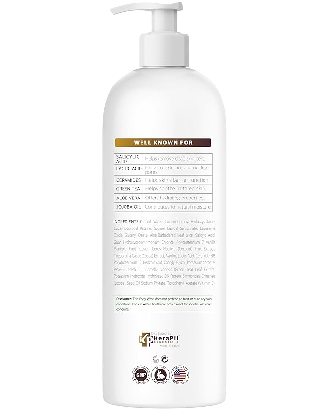 KERAPIL Exfoliating Body Wash with Salicylic Acid - No Dry Out, Gentle Exfoliates Rough and Bumpy Skin, Body Acne Wash, BHA & AHA - Coconut and Vanilla with Salicylic Acid - (16 fl oz)