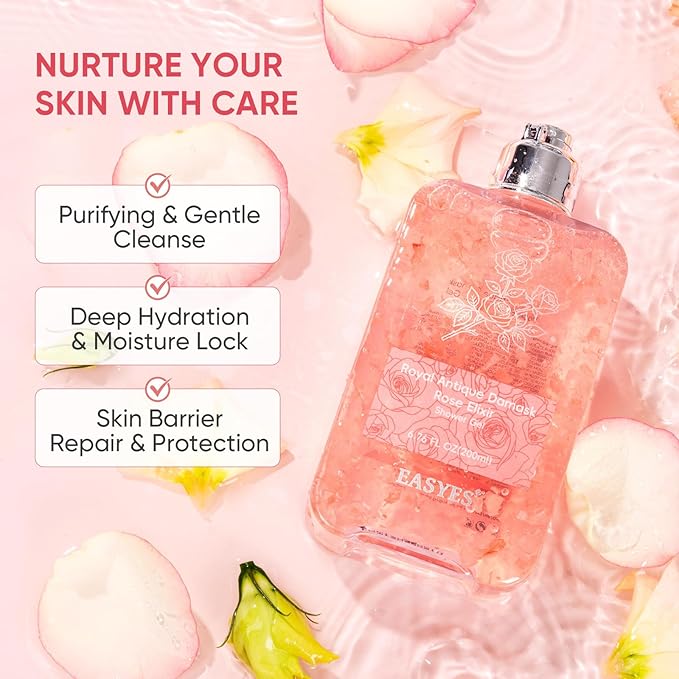 Rose Elixir Body Wash for Women, Moisturizing Essence Shower Gel with Triple Rose Formula, Hydrating Natural Cleanser, Gentle Foaming & Multi-Oil Nourishment, 7 oz