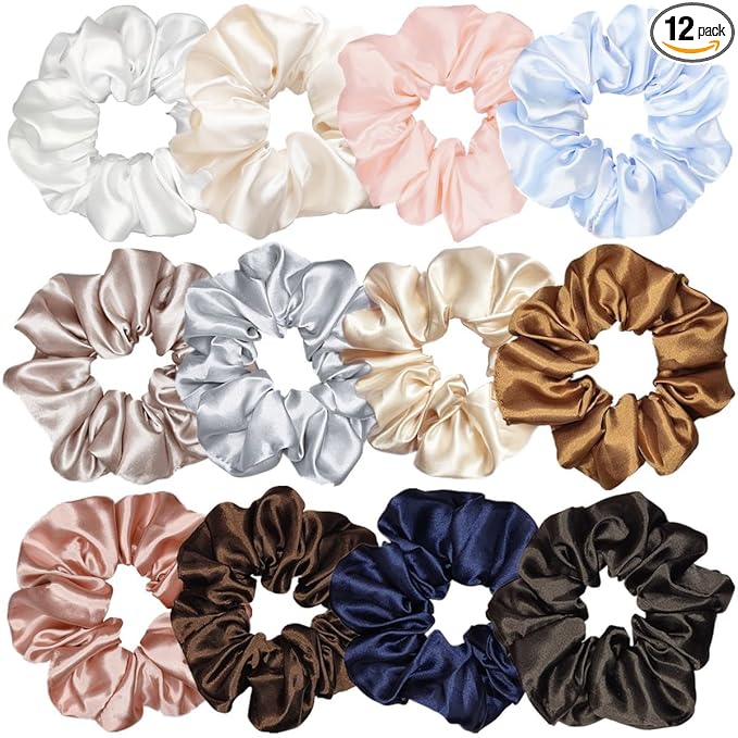 12 Pcs Satin Silk Hair Scrunchies Soft Hair Ties Fashion Hair Bands Hair Bow Ropes Hair Elastic Bracelet Ponytail Holders Hair Accessories for Women Girls (4.5 Inch, Assorted Classic color)