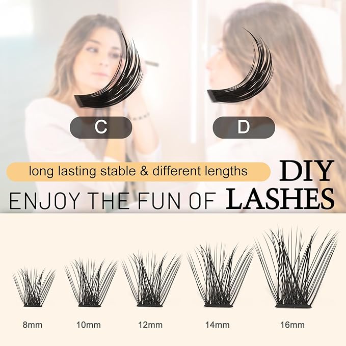 QUEWEL Lash Clusters 72 Pcs Cluster Lashes Wide Stem Eyelash Clusters C/D Curl 8-16mm DIY Eyelash Extensions Mega Style for Self Easy To Use at Home (Mega-D-16)