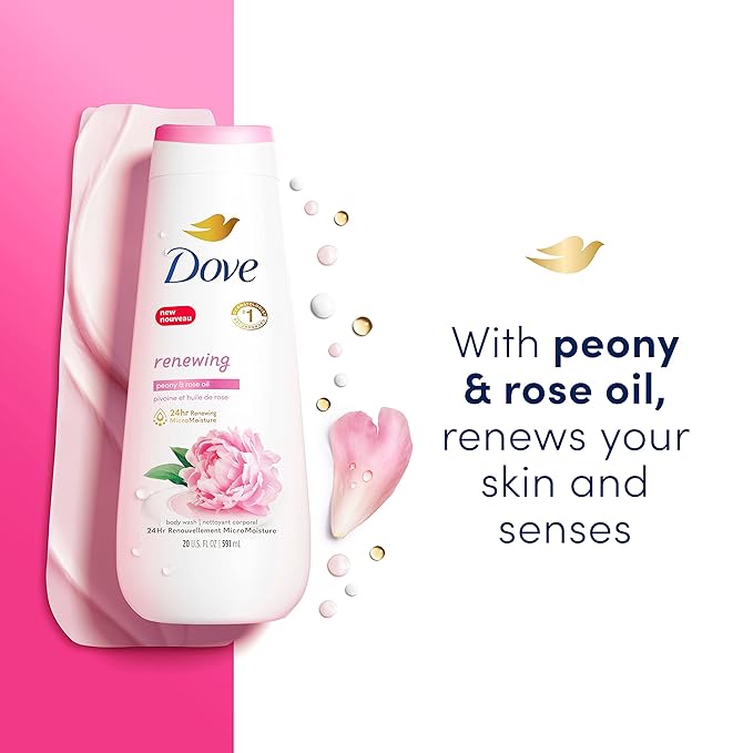 Dove Body Wash 4 Count Renewing Peony and Rose Oil and Body Scrub 3 Count Himalayan Salt & Rose Oil