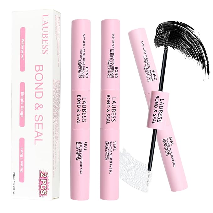 Lash Bond and Seal Waterproof 2Pcs LAUBESS Lash Glue for Eyelash Clusters 2 in 1 Lash Cluster Glue Adhesive Eyelash Glue Home Use Strong Hold 72H 10ml*2