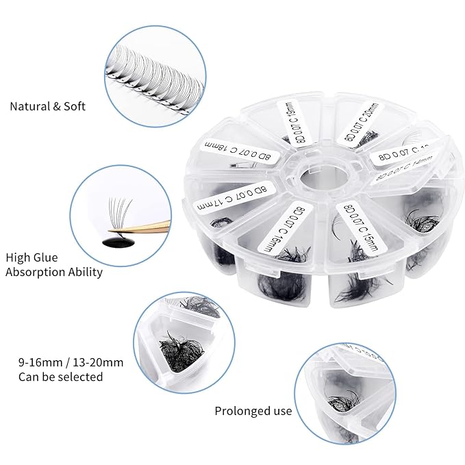 Black Pre-made Volume Lash Extension 500+8D Handmade Loose Fans C/D Curl 13-20mm Mixed Premade Lash (500Pcs-8D-0.07-D, 13-20mm Mixed)