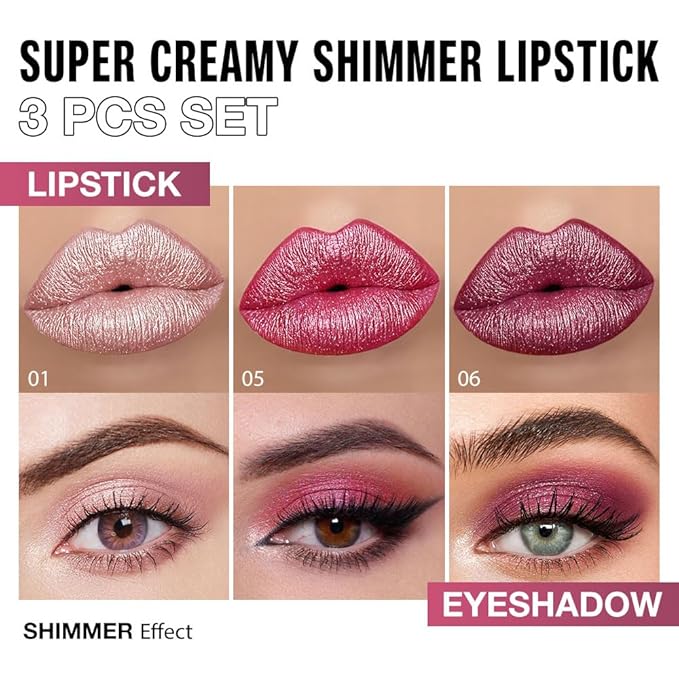 evpct 3Pcs Pink Rose Red Plum Purple Shimmery Metallic Lip Liner and Lipstick Combo, Cone Tip Lip Crayon for Women Long Lasting Waterproof, Shinny Hydrating Lipstick Makeup, Glitter Lips Liner Pencil