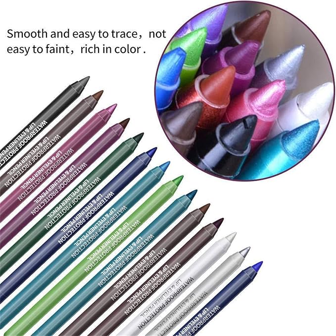 15 PCS Colorful Eyeliner Pen Set, Waterproof Metallic & Pearl Glitter Eyeliner Kit, Smudge-Proof Multipurpose Eye & Lip Liner Shadow Pencils with Shimmer for Party, Halloween, Cosplay Makeup
