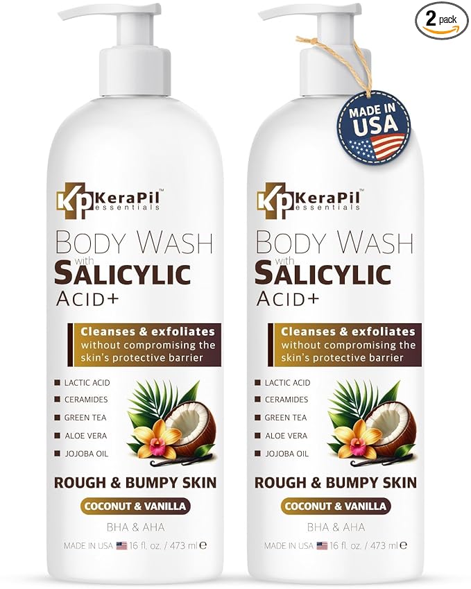 KERAPIL Exfoliating Body Wash with Salicylic Acid - No Dry Out, Gentle Exfoliates Rough and Bumpy Skin, Body Acne Wash, BHA & AHA - Coconut and Vanilla Salicylic Acid Body Wash - (16 fl oz x 2)
