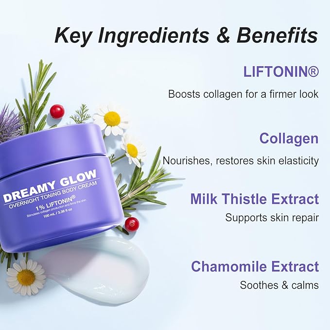 Overnight Toning Whip Cream – Dreamy Glow Skin Tightening & Anti-Cellulite Lotion for Body, Booty, Belly & Arms Firming Cream with Satin Mask 3.38 fl oz