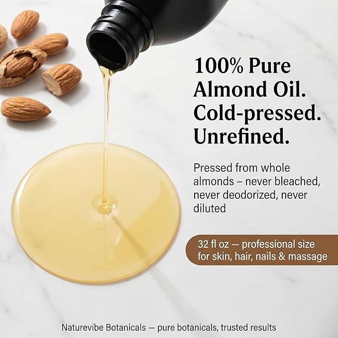 Naturevibe Botanicals Sweet Almond Oil 32 Ounces | 100% Pure and Natural Unrefined Cold Pressed Carrier Oil | Great for Skin Care and Hair Care