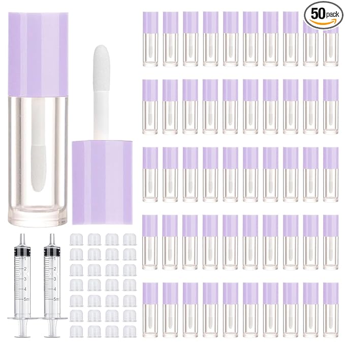 50pcs 2.5ml Empty Lip Gloss Containers Lip Gloss Tubes with Wand Cute 0.08oz Clear Refillable Lipgloss Making Supplies Kit for DIY Makeup + 2pcs Syringes (Purple)