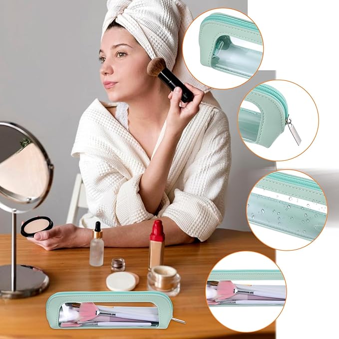 Psyqtsuary Small Clear Makeup Bag, PU Leather Travel Makeup Brush Bag Portable Transparent Waterproof Cosmetic Organizer Pouch with Zipper for Women Home Travel Office Cosmetic Storage (Light Green)
