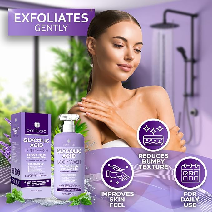 BELLISSO Glycolic Acid Body Wash - Exfoliating AHA Liquid Soap for Rough and Bumpy Skin - Gentle Exfoliant - Bump and Lump Eraser Formula - 16 Fl Oz