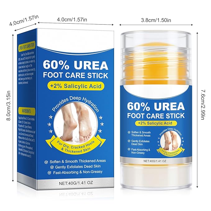 60% Urea with 2% Salicylic Acid Urea Foot Care Stick, Foot Cream for Dry Cracked Heels & Callus Care, Fast Absorbing Exfoliating Moisturizer for Feet, Hands, Knees, Heel Balm for Soft Skin (1 Pack)
