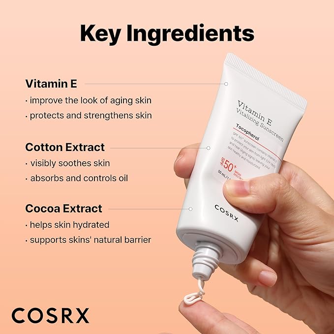 COSRX Vitamin E Vitalizing Sunscreen SPF 50, Natural Glow Face Sunscreen, Lightweight, Non-Sticky, No White Cast, Hydrating, Beach Essentials, Summer Travel Essentials, Korean Skincare,1.69 fl oz