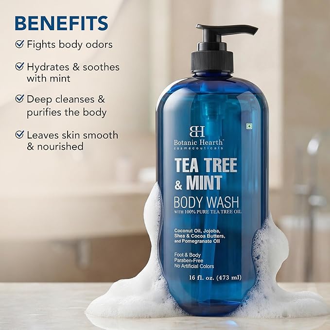 Botanic Hearth Tea Tree & Mint Body Wash, 16 fl oz | Refreshing Body Cleanser with Tea Tree Oil & Mint, Moisturizing Formula, Gentle Daily Use Shower Gel, Fresh Scent, Suitable for Men & Women