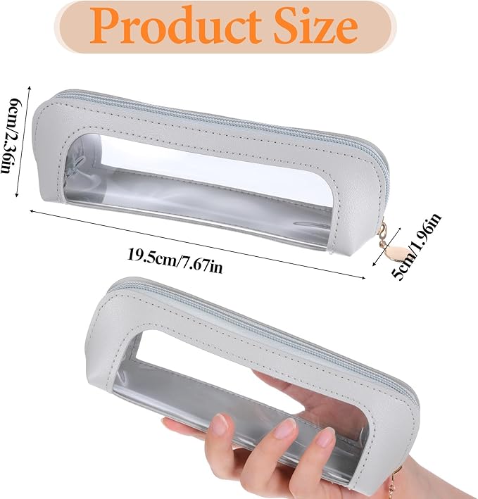 Psyqtsuary Small Clear Makeup Bag, PU Leather Travel Makeup Brush Bag Portable Transparent Waterproof Cosmetic Pouch with Zipper for Women Home Travel Office Cosmetic Storage (Grey)