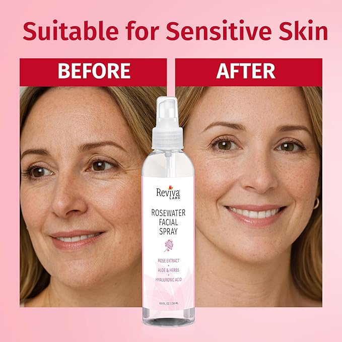Reviva Labs Rosewater Facial Spray with Soothing Aloe, Herbs & Hyaluronic Acid - Hydrating Rose Water Spray for Face Agua de Rosas para La Cara - Face Mist Toner for All Skin Types, 8 Fl Oz (3 Pack)