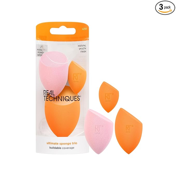 Real Techniques Ultimate Makeup Sponge Trio, Makeup Blending Sponges, For Liquid, Cream, & Powder Products, Powder & Foundation Sponges, Mini Makeup Sponge, Latex-Free Foam, Travel-Friendly, 3 Count