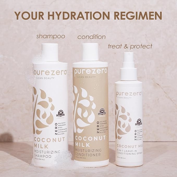 Purezero Coconut Milk BUNDLE [12oz Shampoo + Conditioner + 6 oz 9-in-1 Leave-in Conditioner] - Intense Hydration & Increased Shine