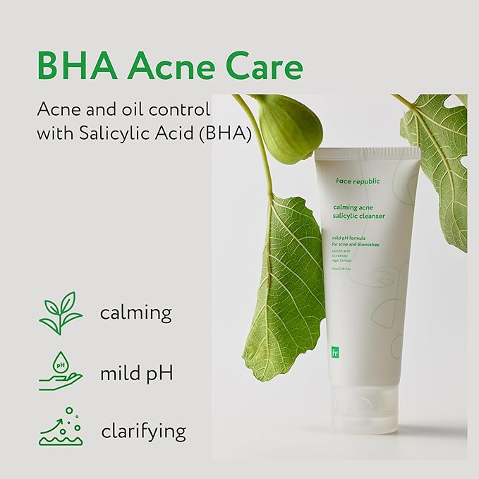 Face Republic Calming Salicylic Acid Cleanser 100ml 3.38 fl oz | Acne Care, Low pH Gel Foam | Calming, Clarifying, Oil Control | Salicylic Acid, Centella Asiatica, Tea Tree | Vegan Korean Face Wash