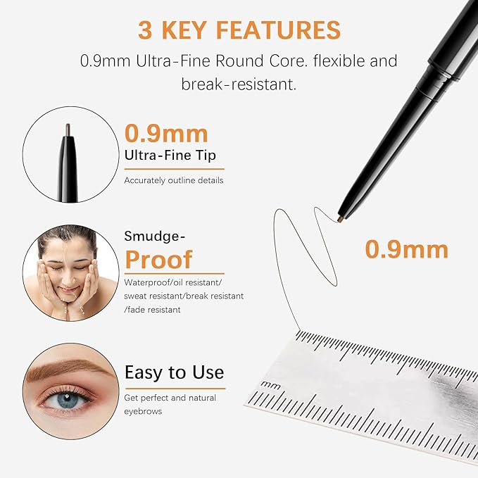 MAVENI Browcharm Microblading Brow Pencil, 0.9mm Fine Tip, Waterproof Eyebrow Pencil, with 1+1 Same Color Refills, Shapes, Defines, Fills, and Contours for Full, Natural-Looking Brows (03 Light Brown)