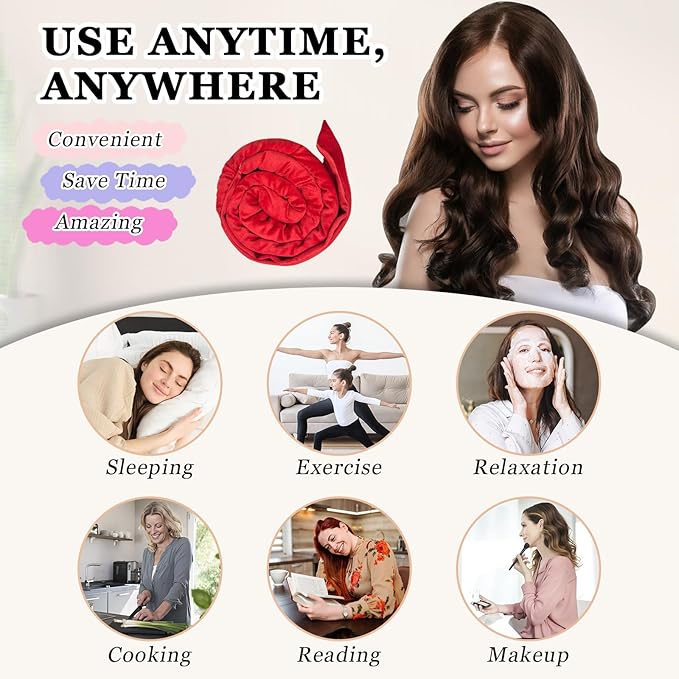 Gwabee Heatless Curls Overnight Hair Curlers to Sleep In, 9 PCS Velvet Heatless Hair Curler Overnight Curls for Women Long Medium Hair Volumes, Heatless Curling Waves Set with Sleep Bonnet - Red