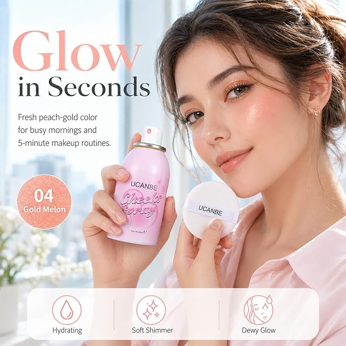 UCANBE Blush Spray with Puff, Hydrating Liquid Blush Mist for Cheeks - Soft Pigmented Buildable Blendable Breathable Blush, Healthy Dewy Glow Finish, Talc-Free, 04 Golden Melon (1.16 oz)