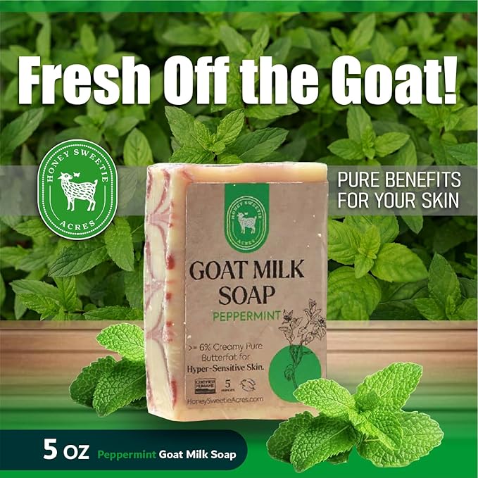 Honey Sweetie Acres Peppermint Goat Milk Soap - Handmade 5 oz Bar, Made with Natural Ingredients, Moisturizing & Gentle, Made in the USA