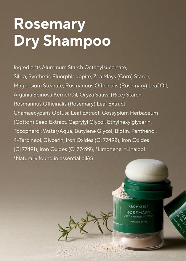 AROMATICA Rosemary Dry Shampoo Powder, Travel Size (10g/0.3oz) - Root Lifting & Volumizing Hair Powder with Panthenol + Biotin, Oil-Absorbing, Non-Aerosol, Talc-Free, Korean Hair Care, for Women