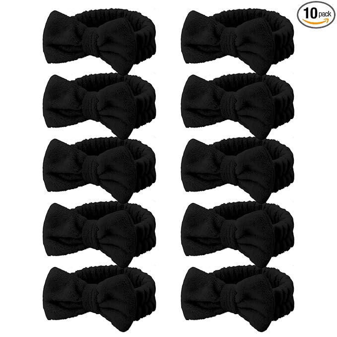 Casoty 10 Pcs Black Face Wash Headbands, Spa Gifts for Women Girls, Soft Coral Fleece Skincare Headband, Bow Hair Bands, Beauty Headbands for Face Washing Shower Skin Care Yoga