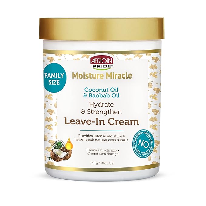 African Pride Moisture Miracle Leave-In Cream with Baobab Oil & Coconut Oil for Coily & Curly Hair, Adds Moisture, Helps Repair & Strengthen, 18 oz
