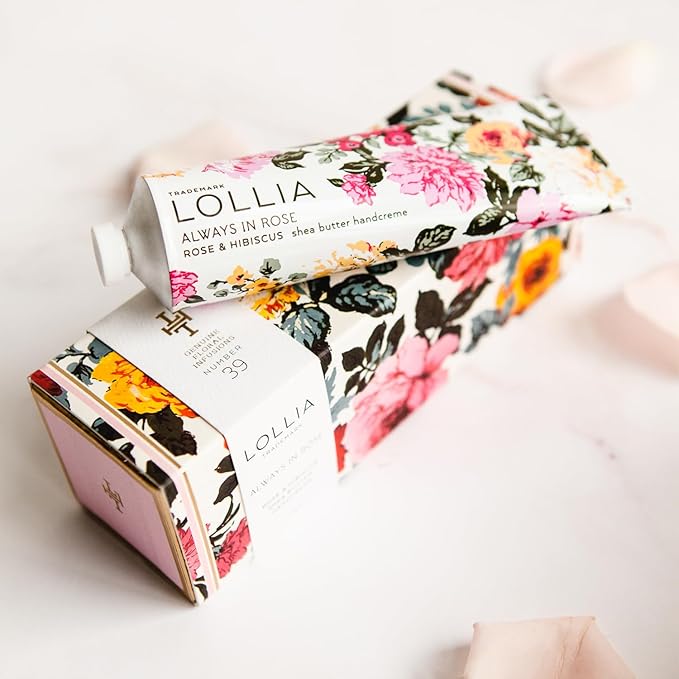 LOLLIA Always In Rose Hydrating Handcreme, 4 oz./113 g, Luxury Moisturizing Rose & Hibiscus Scented Hand Cream, Lotion for Women for Soft Skin, Everyday Purse Essentials