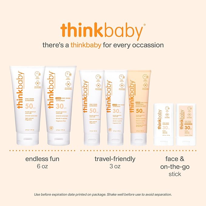 Thinkbaby Baby Sunscreen for Sensitive Skin, 3 Fl Oz, SPF 50 Clear Zinc Oxide Baby Mineral Sunscreen, Broad Spectrum UVA/UVB Protection, Natural, Water Resistant, Reef Safe, Vegan