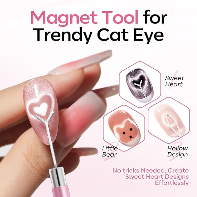 modelones Cat Eye Gel Polish Nail Magnet, 3-in-1 Cat Eye Magnet Pen & Heart-Shaped for Nail Art Tool Cylindrical & Ball &Lightning Circle Cat Eye Magnet for Cateye Gel Polish DIY Salon
