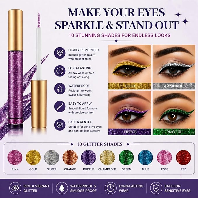 10 Colors Liquid Glitter Eyeliner Metallic Shimmer Glitter Eyeshadow Pigment Eyebrown Shimmer Waterproof Face Lips Art for Party Festival Makeup